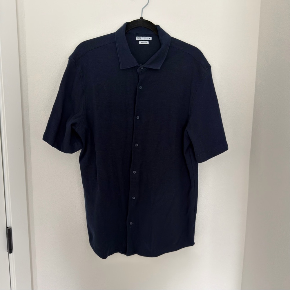 Zara Men's Navy Blue Short Sleeve Shirt Textured Cotton Size XL Regular Fit